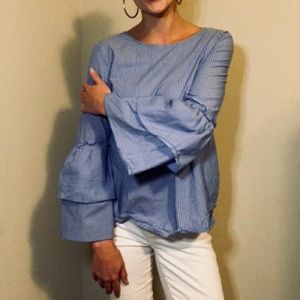 LOFT Striped Bell Sleeve Tie Back Top